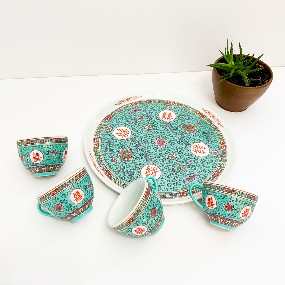 VINTAGE Chinese Export Porcelain Tea Set Teal Gold Longevity Symbol Bone China - Picture 10 of 11